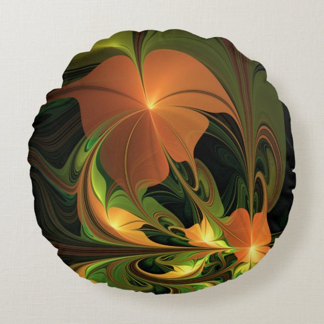 Fantasy Plant Abstract Groen Roest Bruin Fractal Rond Kussen (Voorkant)