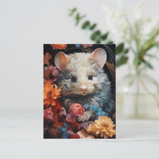 Fantasy pluizige muis in de bloemen briefkaart (Staand voorkant)