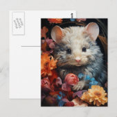Fantasy pluizige muis in de bloemen briefkaart (Voorkant / Achterkant)