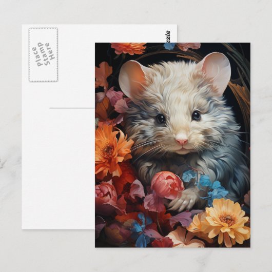 Fantasy pluizige muis in de bloemen briefkaart (Voorkant / Achterkant)