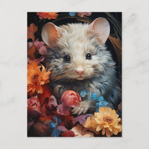 Fantasy pluizige muis in de bloemen briefkaart