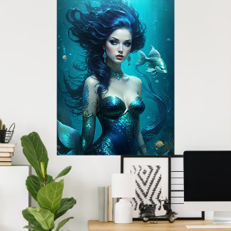 Fantasy Prachtige Meermin Prinses Blauw Onderwater Poster