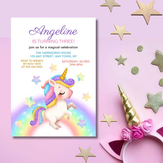 Fantasy Rainbow Stars Unicorn Girl Birthday Kaart