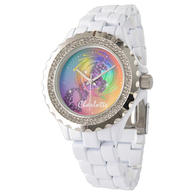 Fantasy Rainbow Unicorn - Gepersonaliseerd Horloge (Gekanteld)