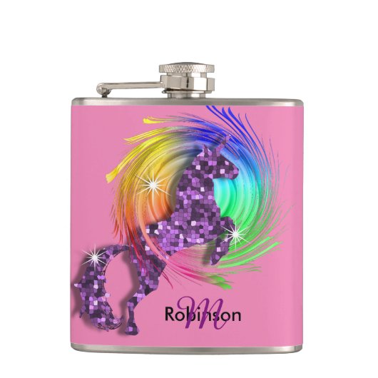 Fantasy Rainbow Unicorn, speciaal gepersonaliseer Heupfles (Voorkant)