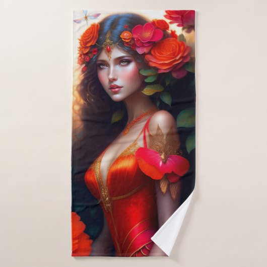 Fantasy Red Fairy Red Flowers Bad Handdoek (Badhanddoek)