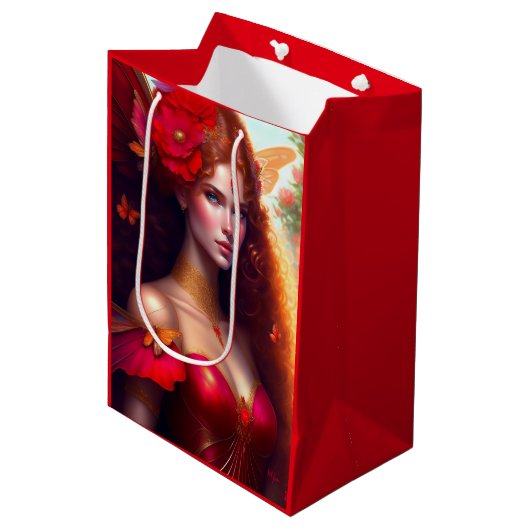 Fantasy Red Fairy Red Flowers ontkoppeling Medium Cadeauzakje (Voorkant Gekanteld)