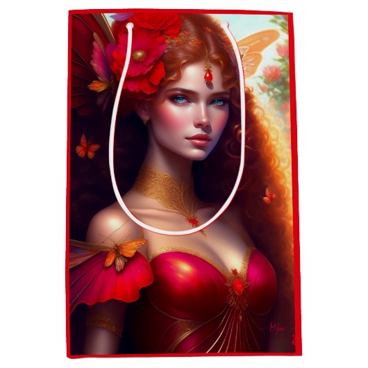 Fantasy Red Fairy Red Flowers ontkoppeling Medium Cadeauzakje (Voorkant)