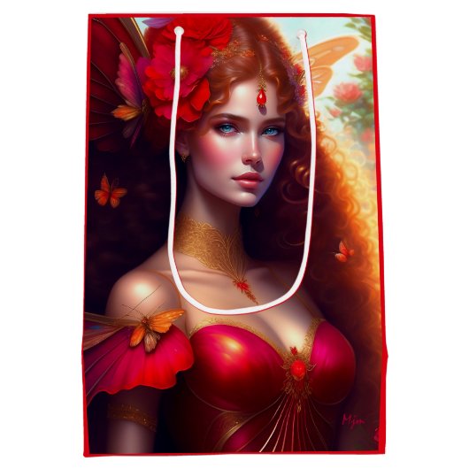 Fantasy Red Fairy Red Flowers ontkoppeling Medium Cadeauzakje (Achterkant)