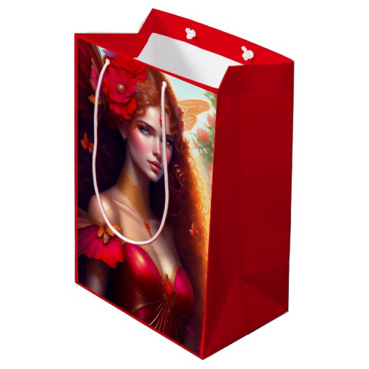 Fantasy Red Fairy Red Flowers ontkoppeling Medium Cadeauzakje (Achterkant Gekanteld)