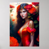 Fantasy Red Fairy Red Flowers Poster (Voorkant)
