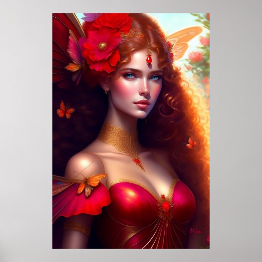 Fantasy Red Fairy Red Flowers Poster (Voorkant)