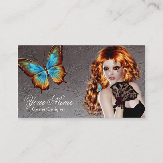 Fantasy Redhead Butterfly Woman Visitekaartje (Voorkant)