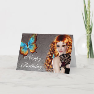 Fantasy Redhead met Butterfly Birthday Card Kaart