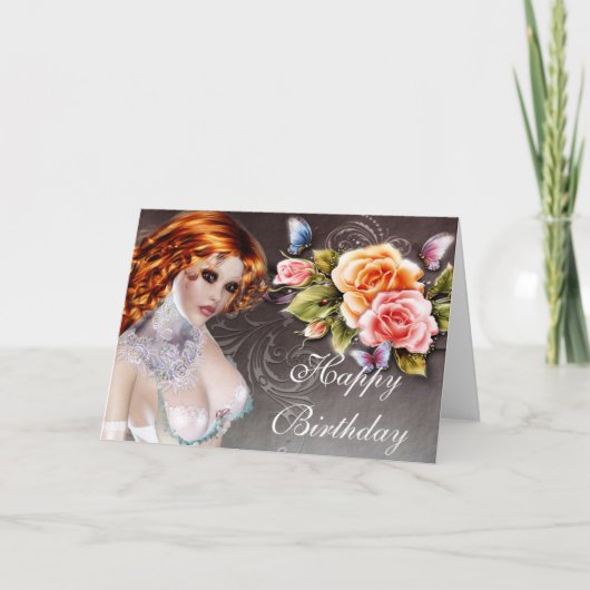 Fantasy Redhead met Rozen Birthday Kaart (Voorkant)