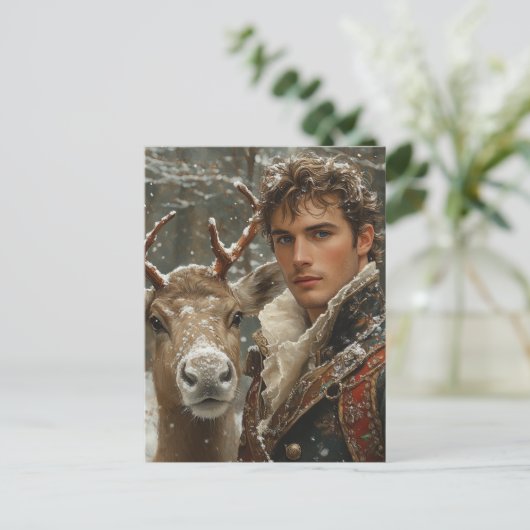 Fantasy rendier en een knappe man kerst briefkaart (Staand voorkant)