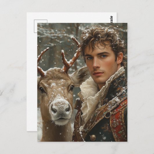 Fantasy rendier en een knappe man kerst briefkaart (Voorkant / Achterkant)