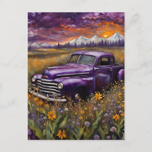 Fantasy Retro Paarse Voertuig in een Bergweide Briefkaart (Voorkant)