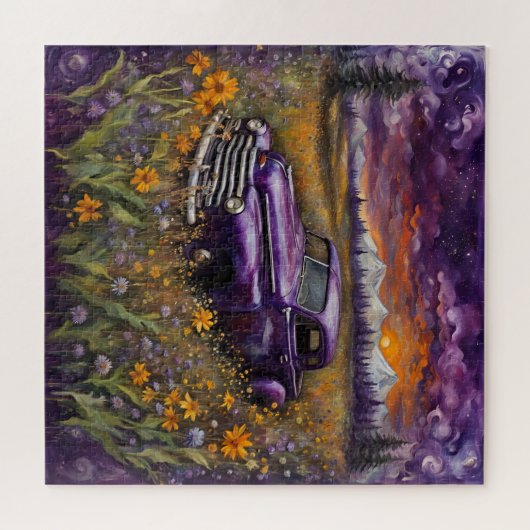 Fantasy Retro Paarse Voertuig in een Bergweide Legpuzzel (Horizontaal)