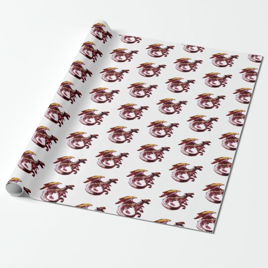 Fantasy Robijnrode Draak Witte Achtergrond Mythisc Cadeaupapier (Uitgerold)