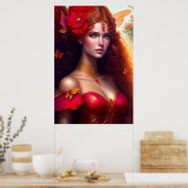 Fantasy Rode Fee Rode Bloemen Poster (Keuken)