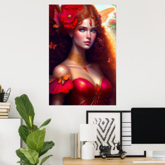 Fantasy Rode Fee Rode Bloemen Poster