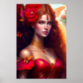 Fantasy Rode Fee Rode Bloemen Poster (Voorkant)