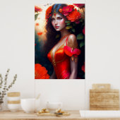 Fantasy Rode Fee Rode Bloemen Poster (Keuken)