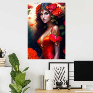 Fantasy Rode Fee Rode Bloemen Poster