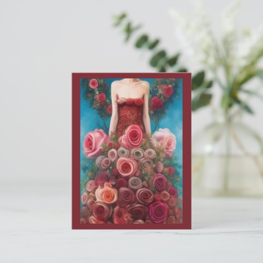 Fantasy Rode Rozen Trouwjurk Goth Bruid Ansichtkaa Briefkaart (Staand voorkant)