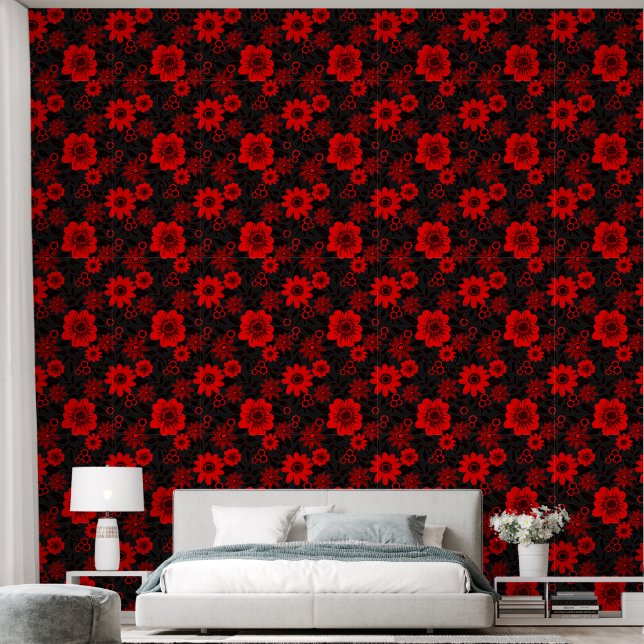Fantasy Rood en Zwart Oerwoud Bloemen Behang (Slaapkamer)