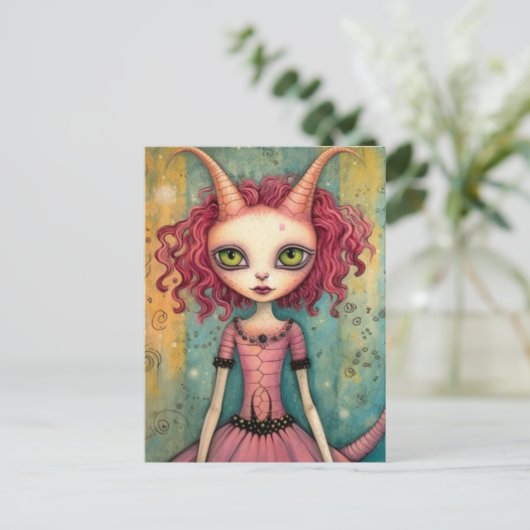 Fantasy Roze Alien Vrouw Mixed Media Briefkaart (Staand voorkant)
