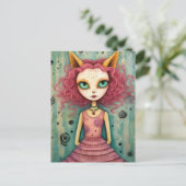 Fantasy Roze Kat Alien Vrouw Mixed Media Briefkaart (Staand voorkant)