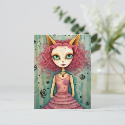 Fantasy Roze Kat Alien Vrouw Mixed Media Briefkaart (Staand voorkant)