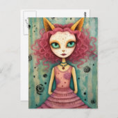 Fantasy Roze Kat Alien Vrouw Mixed Media Briefkaart (Voorkant / Achterkant)