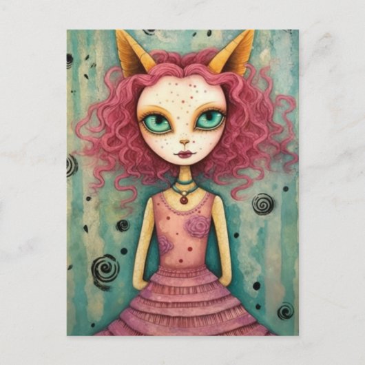 Fantasy Roze Kat Alien Vrouw Mixed Media Briefkaart (Voorkant)
