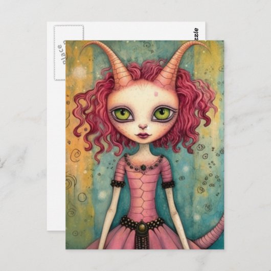 Fantasy Roze Kat Alien Vrouw Mixed Media Briefkaart (Voorkant / Achterkant)