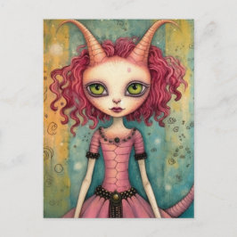 Fantasy Roze Kat Alien Vrouw Mixed Media Briefkaart