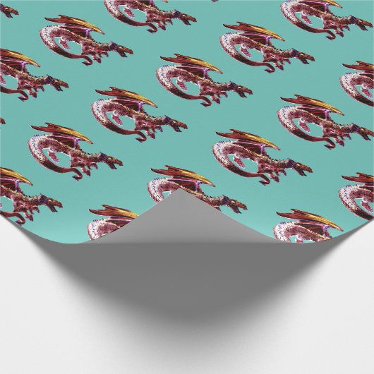 Fantasy Ruby Red Dragon Blauwgroen Cadeaupapier (Hoek)