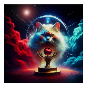 Fantasy scène: kat in een wereldbol met appel perfect poster