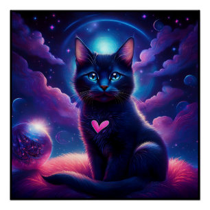 Fantasy Scene Zwarte Kitten Mooie Blauwe Ogen Perfect Poster