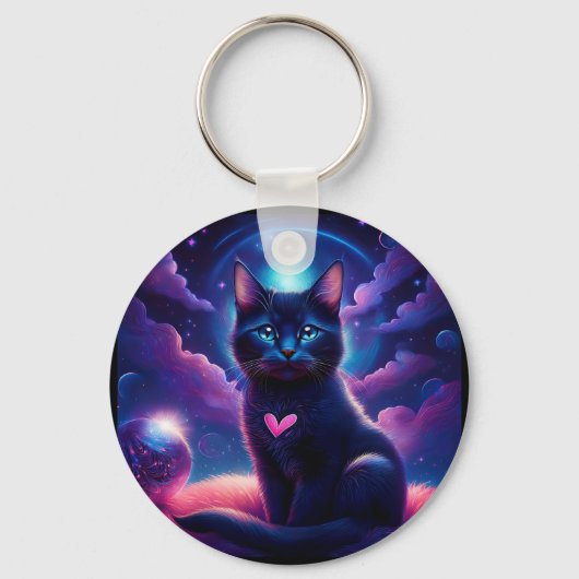 Fantasy Scene Zwarte Kitten Mooie Blauwe Ogen Sleutelhanger (Voorkant)