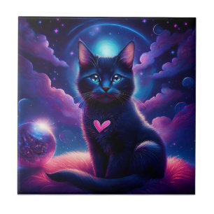 Fantasy scène Zwarte Kitten Mooie Blauwe Ogen Tegeltje