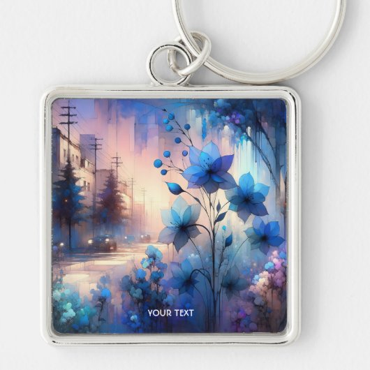 Fantasy Schattige Blue Flowers City Sleutelhanger (Voorkant)