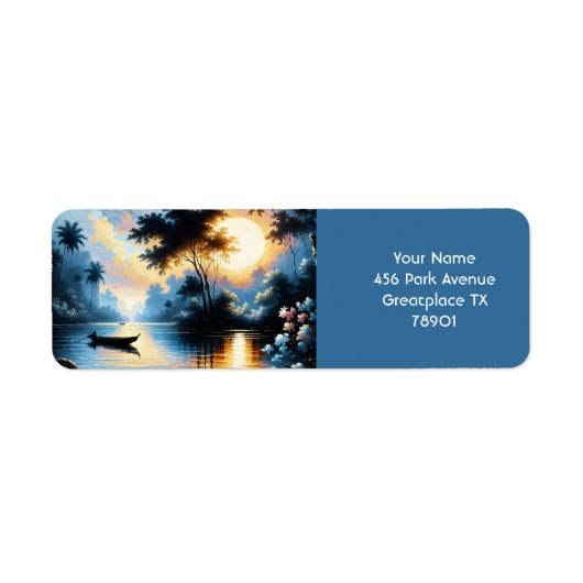Fantasy Schattige Boat Sunset Lake Etiket (Voorkant)