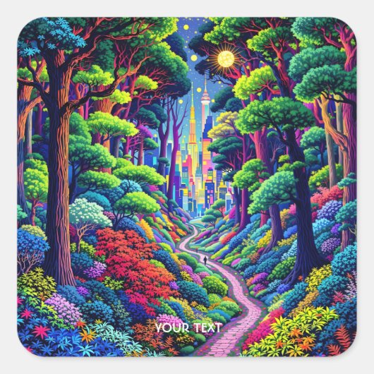 Fantasy Schattige bos en stad Vierkante Sticker (Voorkant)
