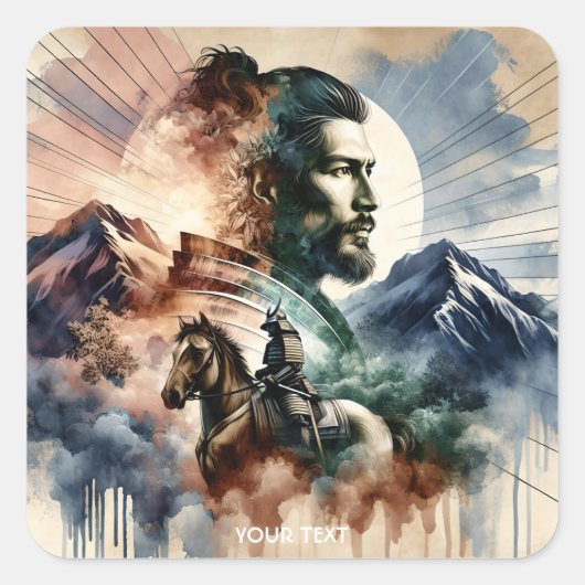 Fantasy Schattige Brave Knappe Samurai Vierkante Sticker (Voorkant)