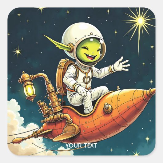 Fantasy Schattige buitenaards ruimteschip Vierkante Sticker (Voorkant)