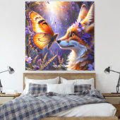 Fantasy Schattige Butterfly Fox Flowers Canvas Afdruk (Insitu (Slaapkamer))