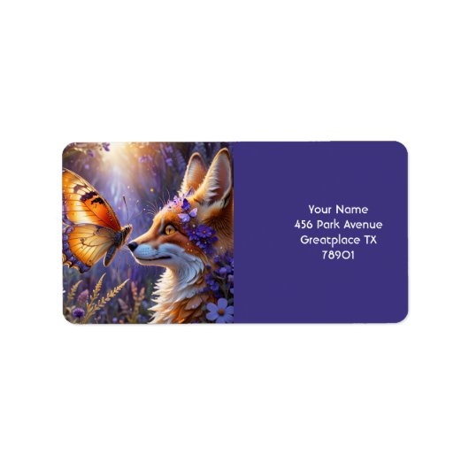 Fantasy Schattige Butterfly Fox Flowers Etiket (Voorkant)